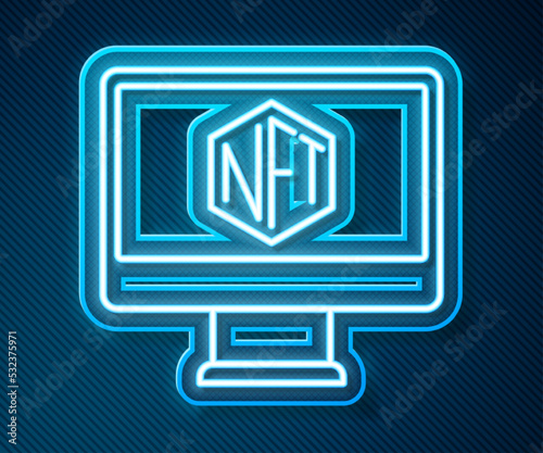 Glowing neon line Monitor with art store app icon isolated on blue background. Technology of selling NFT tokens for cryptocurrency. Non fungible token concept. Vector
