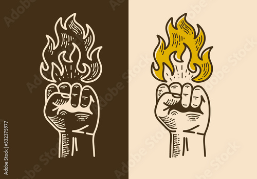 Fist with fire flame retro vintage line art