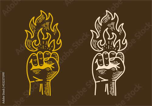 Fist with fire flame retro vintage line art
