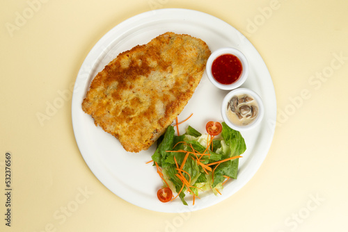 Turkey schnitzel and salad in a plate on a light background.