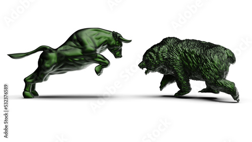 Gold bull and bear sculpture staring at each other in dramatic contrasting light representing financial market trends under white background. Concept images of stock market. 3D CG. PNG format.