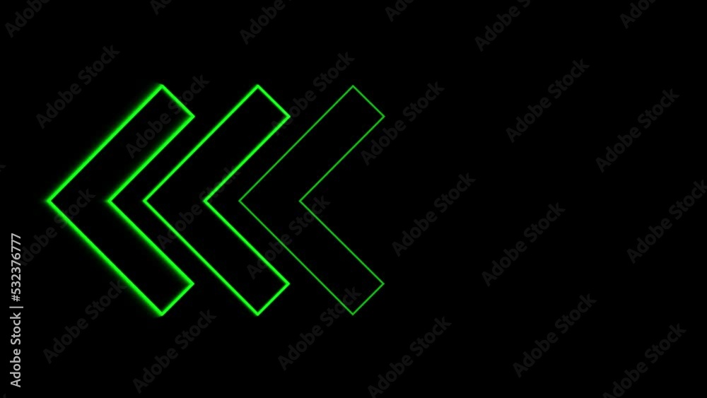Animation of glowing right neon Green arrows. Looped Neon Lines abstract VJ background. Futuristic laser background. Seamless loop. Arrows flashing on and off in sequence. Matrix beam fashion show
