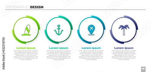 Set Surfboard, Anchor, Plane and Tropical palm tree. Business infographic template. Vector