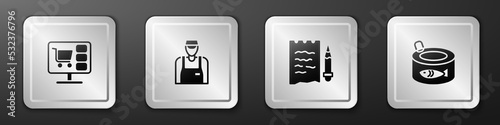 Set Shopping cart on computer, Seller, list and pencil and Canned fish icon. Silver square button. Vector