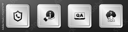 Set Telephone 24 hours support, Information, Question and Answer and Head with question mark icon. Silver square button. Vector