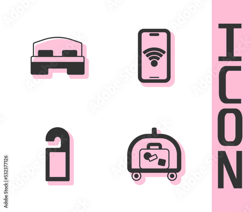 Set Hotel luggage cart, room bed, Please do not disturb and Mobile with wi-fi wireless icon. Vector
