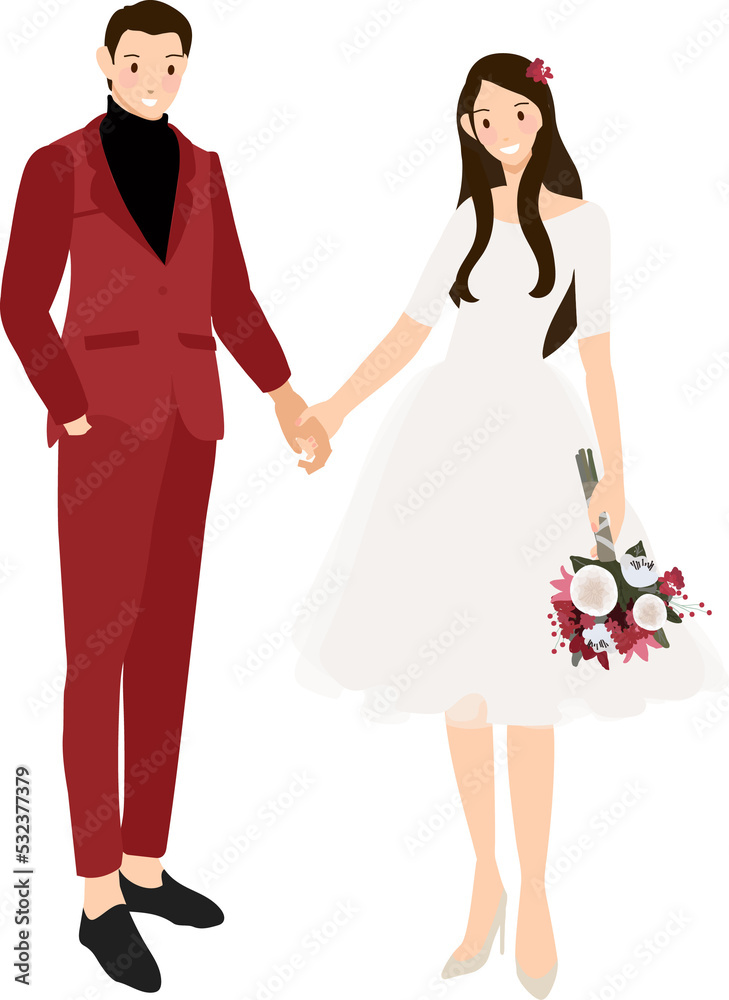 wedding couple holding hands in casual red suit and dress flat style wedding couple holding hands in casual red suit and dress flat style