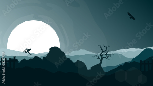 The samurai ran with two swords. illustration of a samurai boy going to war. landscape with mountains. samurai running to attack. samurai wallpaper.