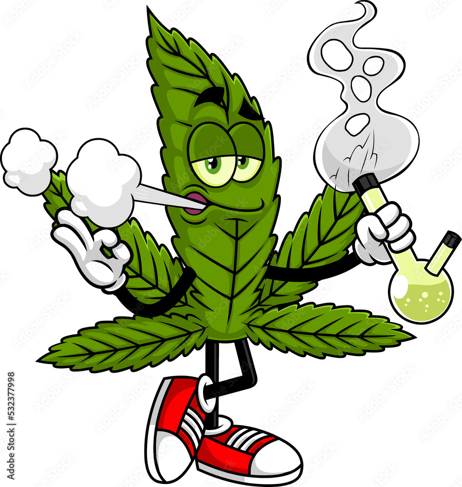 Funny Marijuana Leaf Cartoon Character Smoking A Bong. Hand Drawn 