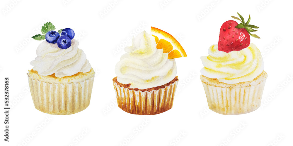 Watercolor illustration of sweet cupcakes with fruits. Cliparts ...