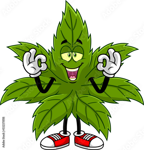 Happy Marijuana Leaf Cartoon Character Showing Ok Sign. Hand Drawn Illustration Isolated On Transparent Background