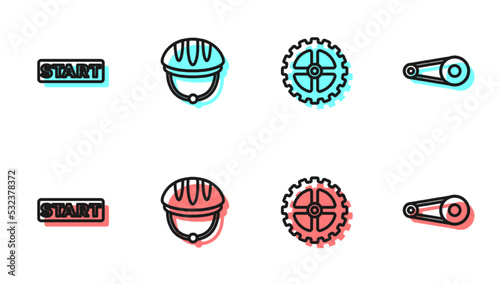 Set line Bicycle sprocket crank, Ribbon in finishing line, helmet and chain with gear icon. Vector