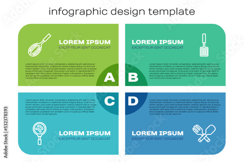 Set line Frying pan, Kitchen whisk, Crossed fork and spoon and Barbecue spatula. Business infographic template. Vector