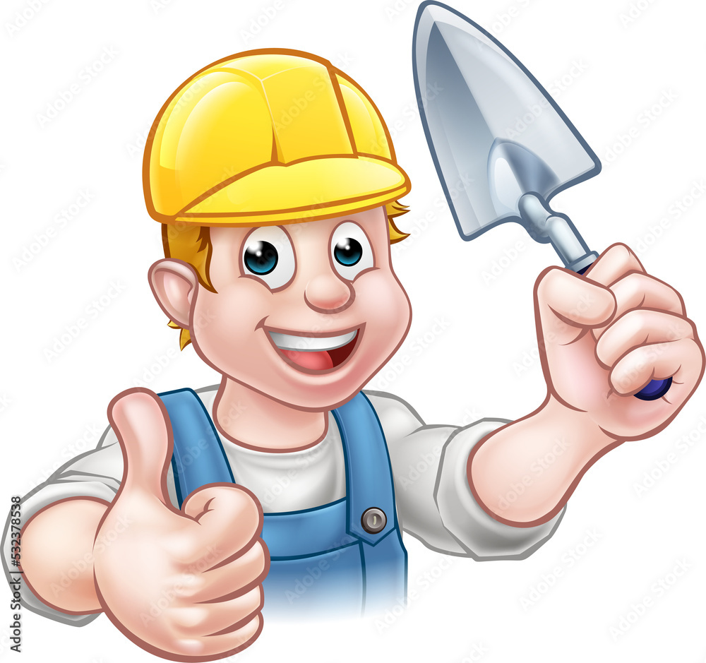 A cartoon builder or bricklayer construction worker holding a masons brick laying trowel hand tool, wearing a hard hat and giving a thumbs up A cartoon builder or bricklayer construction worker holding a masons brick laying trowel hand tool, wearing a hard hat and giving a thumbs up
