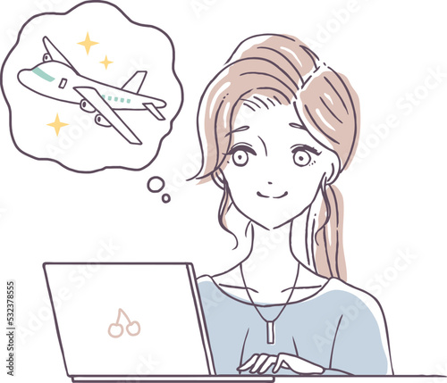 インターネットで旅行・航空券の予約をする女性のイラスト素材　ノートPCで旅行の計画を立てる人の絵素材