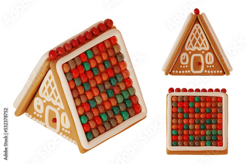Making Gingerbread Houses. 2 main projection principal view and 1 isometric view, no prospective reduction. 3d rendering illustration. 