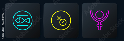 Set line Pisces zodiac, Symbol Pluto and Venus symbol. Black square button. Vector