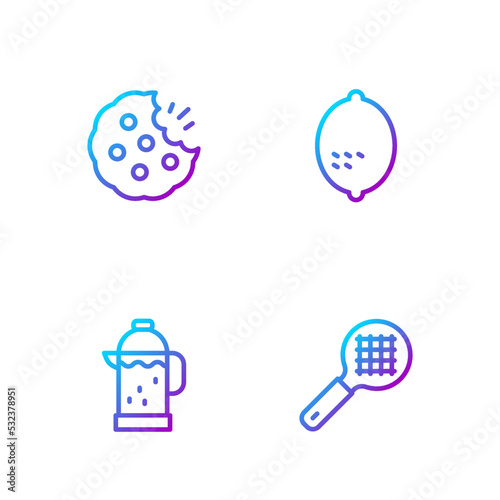 Set line Tea strainer with handle, French press, Cookie or biscuit and Lemon. Gradient color icons. Vector