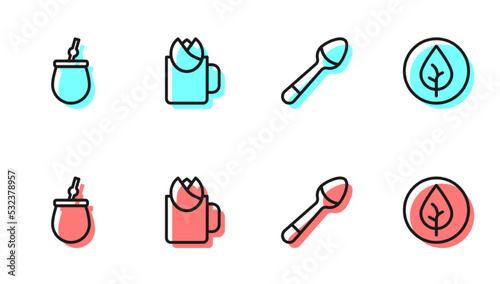 Set line Teaspoon, Mate tea, Cup of with rose and leaf icon. Vector