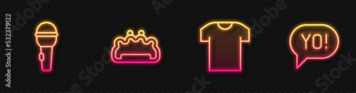 Set line T-shirt, Microphone, Brass knuckles and Yo slang lettering. Glowing neon icon. Vector