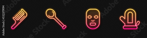 Set line Facial cosmetic mask, Hairbrush, Sauna ladle and mitten. Glowing neon icon. Vector
