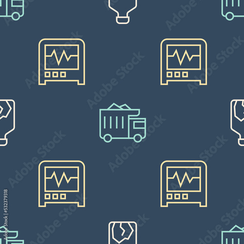 Set line Ore mining, Seismograph and Mining dump truck on seamless pattern. Vector