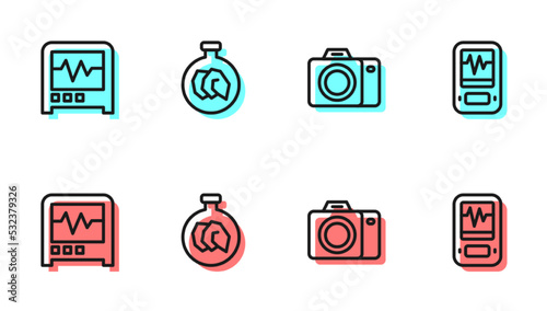 Set line Photo camera, Seismograph, Exhibition with minerals, rocks and icon. Vector