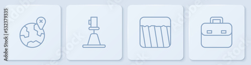 Set line Location on the globe, Ground, Tacheometer, theodolite and Briefcase. White square button. Vector