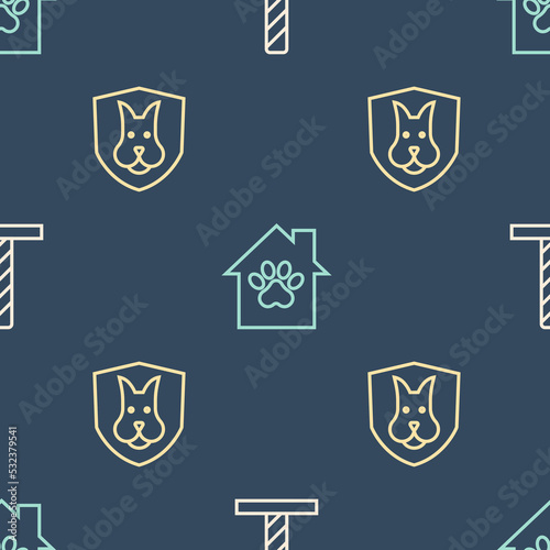 Set line Cat scratching post with toy, Animal health insurance and Pet house on seamless pattern. Vector