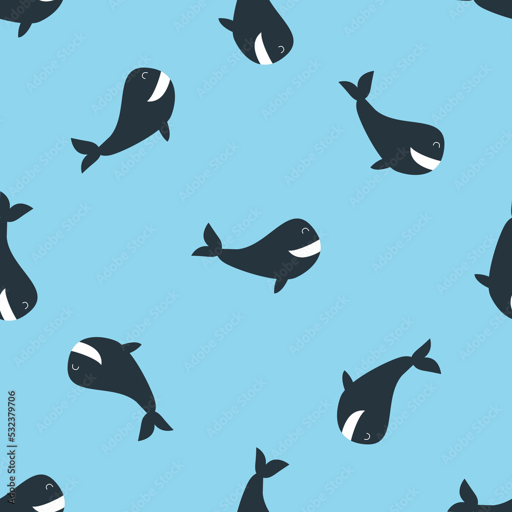 Whales in the sea. Seamless pattern, vector illustration