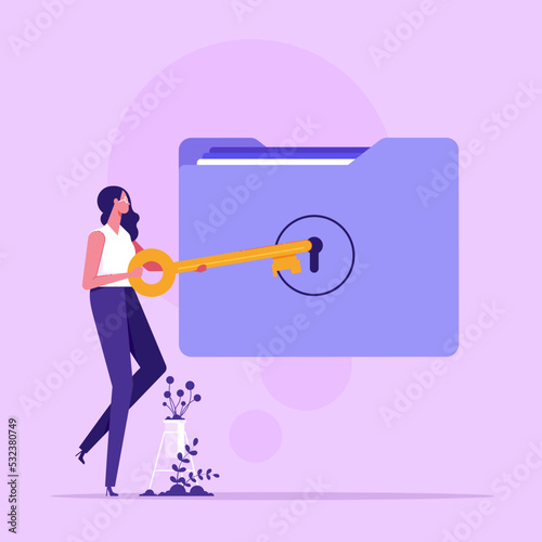 Security system. Businesswoman open the lock folder. Data security. Secret information in work.
Personal files concept