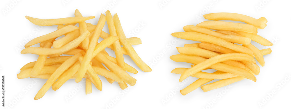 French fries or fried potatoes isolated on white background with full depth of field. Top view. Flat lay