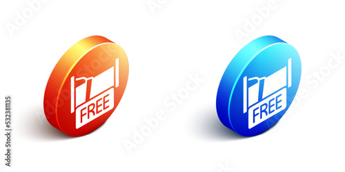 Isometric Free overnight stay house icon isolated on white background. Orange and blue circle button. Vector