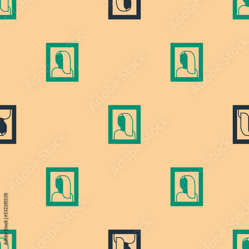 Green and black Portrait picture in museum icon isolated seamless pattern on beige background. Vector