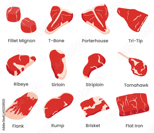 Set of Beef meat and steak cut illustration. Contain vector such as fillet mignon, t bone, tomahawk, sirloin, ribeye, flat iron cuts and other