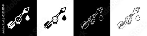 Set Poison on the arrow icon isolated on black and white background. Poisoned arrow. Vector