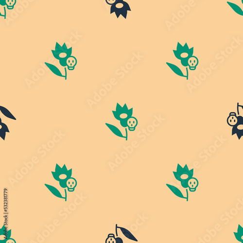 Green and black Poison flower icon isolated seamless pattern on beige background. Vector