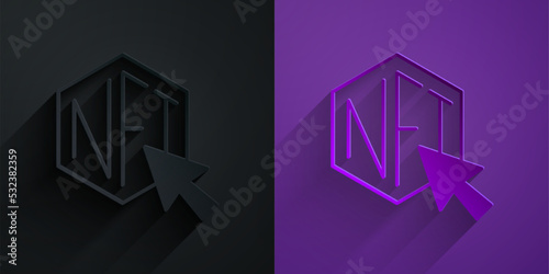 Paper cut NFT Digital crypto art icon isolated on black on purple background. Non fungible token. Paper art style. Vector