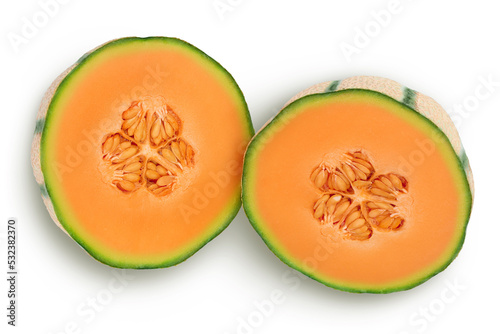 Cantaloupe melon half isolated on white background with full depth of field. Top view. Flat lay