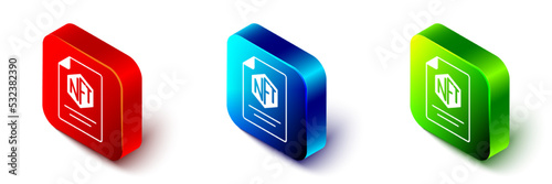 Isometric NFT contract icon isolated on white background. Non fungible token. Digital crypto art concept. Red, blue and green square button. Vector