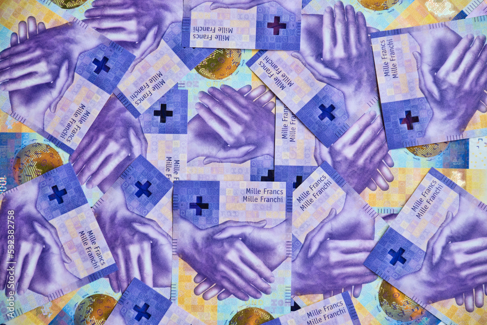 Swiss currency collage background. 1000 swiss francs
