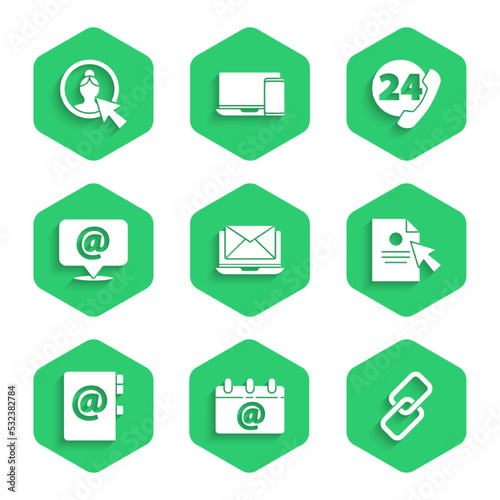 Set Laptop with envelope, Calendar email, Chain link, Document and cursor, Address book, Mail e-mail, Telephone 24 hours support and Create account screen icon. Vector