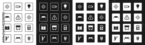 Set Light emitting diode, Exclamation mark triangle, Resistor electricity, Processor with microcircuits CPU, Battery charge level indicator, Multimeter and Car battery icon. Vector