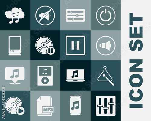 Set Sound mixer controller, Triangle musical instrument, Speaker volume, Vinyl disk, Voice assistant, Music streaming service and Pause button icon. Vector