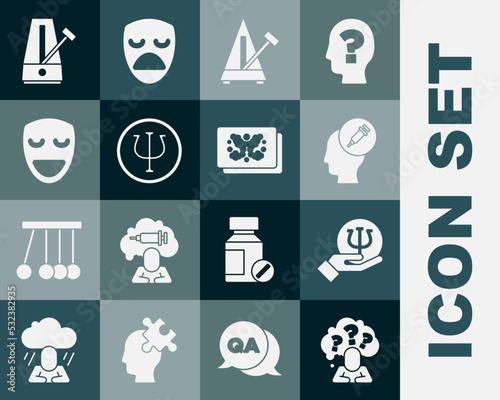 Set Head with question mark, Psychology, Psi, Addiction to the drug, Metronome pendulum, Comedy theatrical mask, and Rorschach test icon. Vector