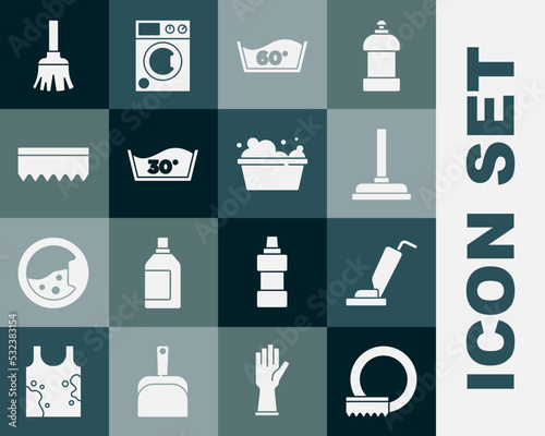 Set Washing dishes, Vacuum cleaner, Rubber plunger, Temperature wash, Sponge, Feather broom and Basin with soap suds icon. Vector