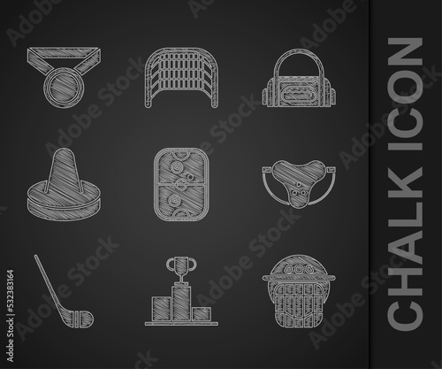 Set Air hockey table, Hockey over sports winner podium, helmet, Protective jockstrap, Ice stick, Mallet for playing air, Sport bag and Medal icon. Vector