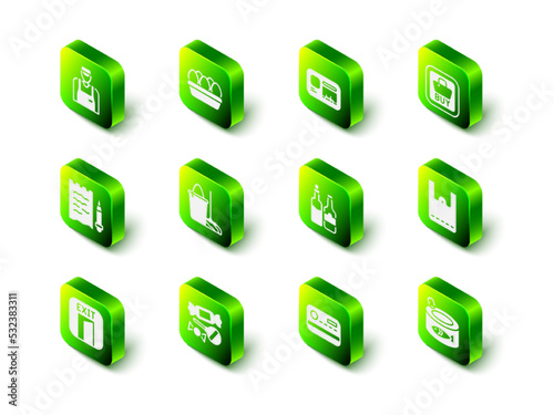 Set Chicken egg in box, Identification badge, Buy button, Paper shopping bag, Canned fish, Whiskey bottle, Credit card and Candy icon. Vector