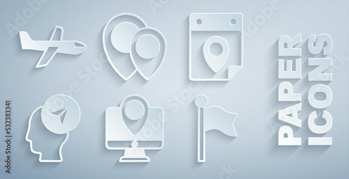 Set Monitor with location marker, Travel planning calendar, Location person, and Plane icon. Vector