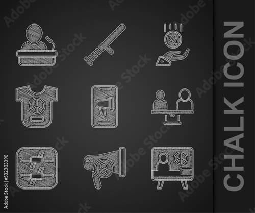 Set Protest, Megaphone and dollar, Peace, Gender equality, Barbed wire, Coins hand - minimal wage and Speaker icon. Vector